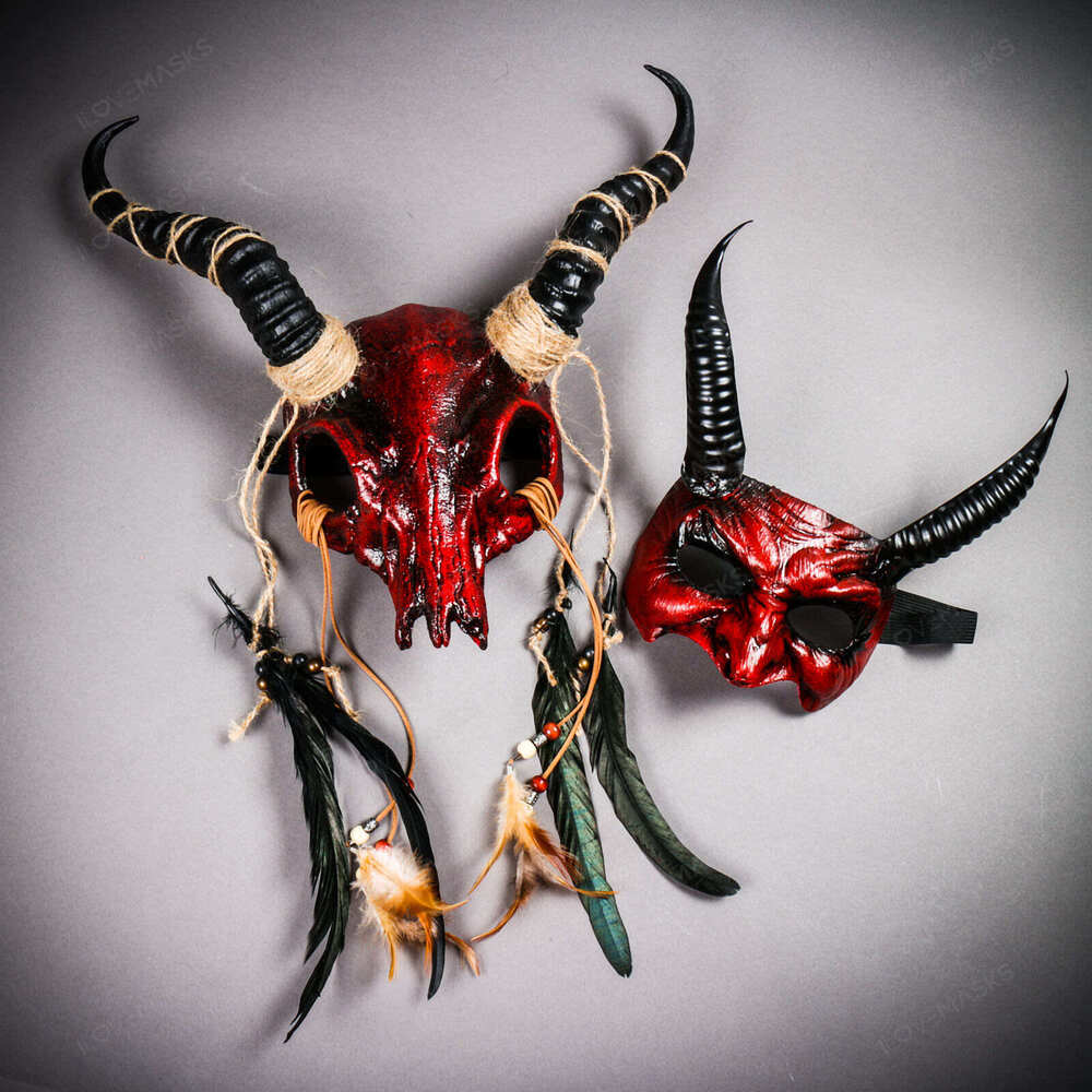 Bloody Red Pagan Skull Masquerade & Demon Devil Horn Couple Mask Set